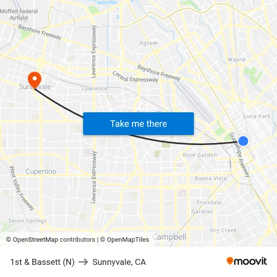 1st & Bassett (N) to Sunnyvale, CA map