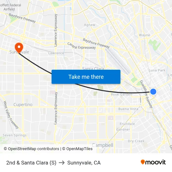 2nd & Santa Clara (S) to Sunnyvale, CA map