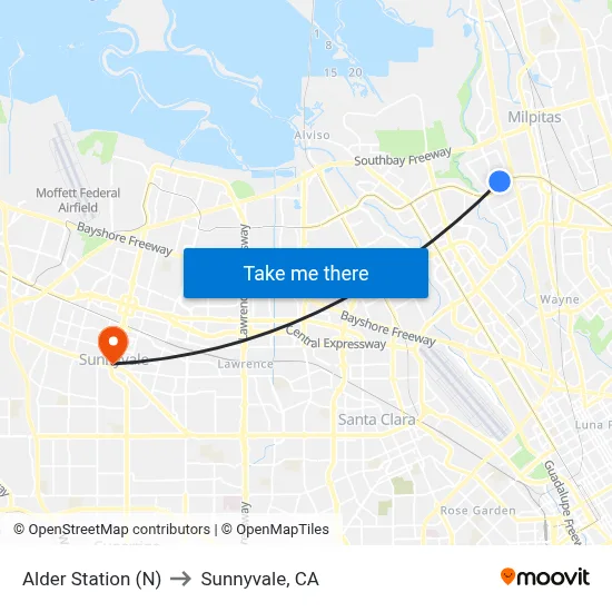 Alder Station (N) to Sunnyvale, CA map