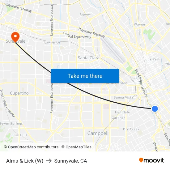 Alma & Lick (W) to Sunnyvale, CA map
