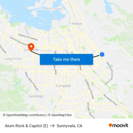 Alum Rock & Capitol (E) to Sunnyvale, CA map