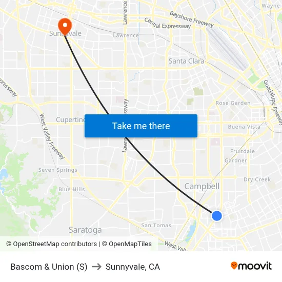 Bascom & Union (S) to Sunnyvale, CA map