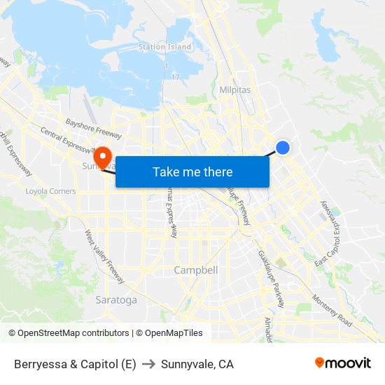 Berryessa & Capitol (E) to Sunnyvale, CA map