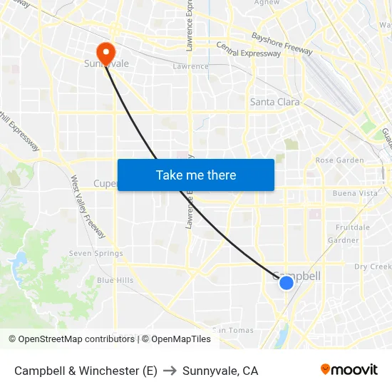 Campbell & Winchester (E) to Sunnyvale, CA map