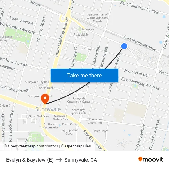 Evelyn & Bayview (E) to Sunnyvale, CA map