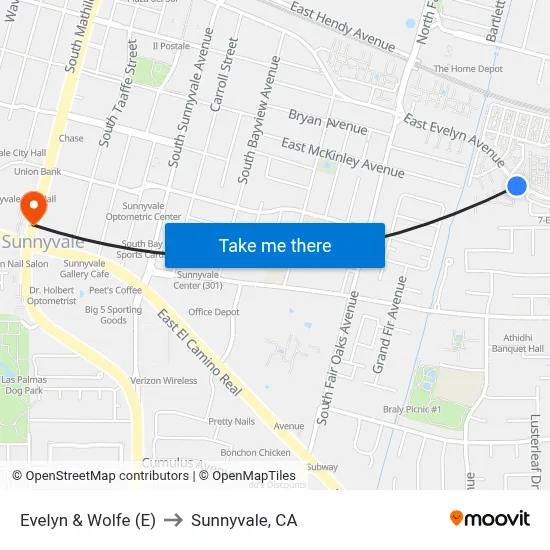 Evelyn & Wolfe (E) to Sunnyvale, CA map