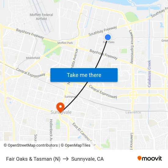 Fair Oaks & Tasman (N) to Sunnyvale, CA map
