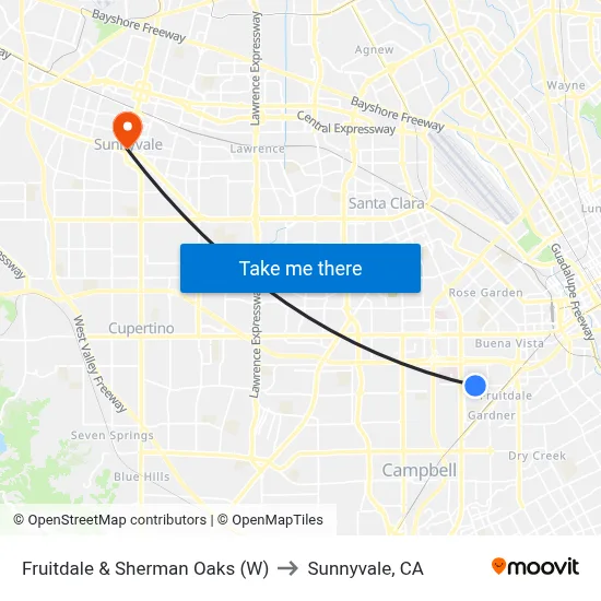 Fruitdale & Sherman Oaks (W) to Sunnyvale, CA map