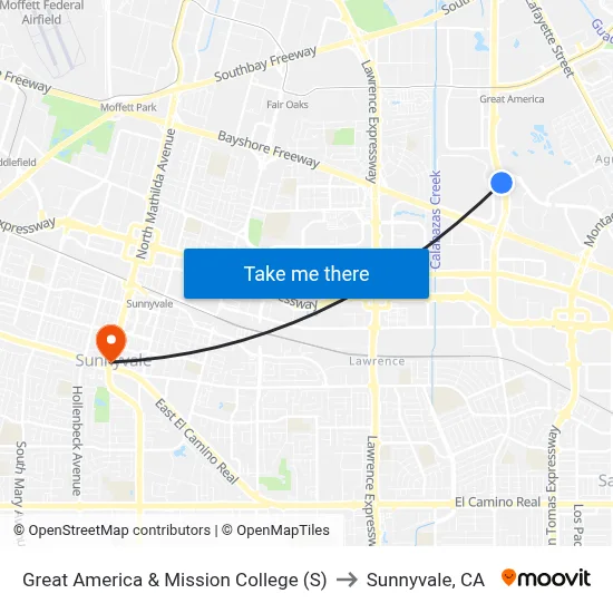 Great America & Mission College (S) to Sunnyvale, CA map