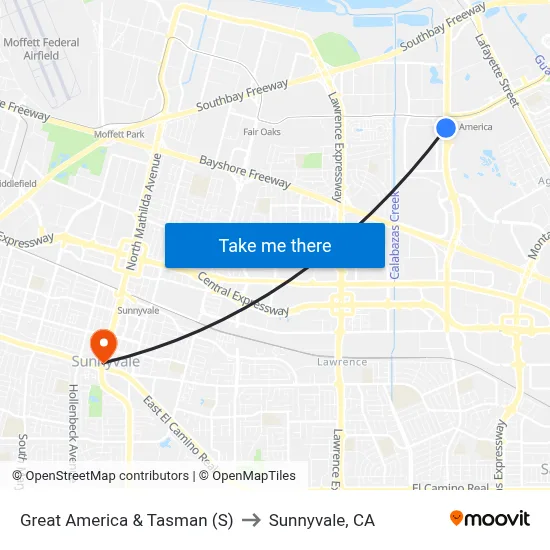 Great America & Tasman (S) to Sunnyvale, CA map