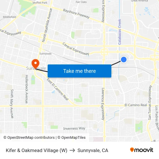 Kifer & Oakmead Village (W) to Sunnyvale, CA map