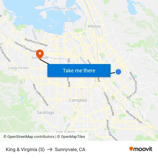 King & Virginia (S) to Sunnyvale, CA map