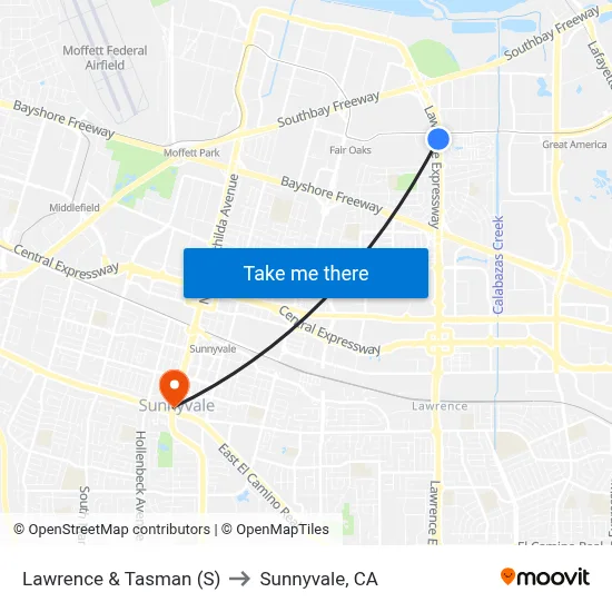 Lawrence & Tasman (S) to Sunnyvale, CA map