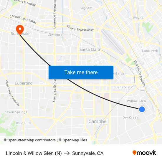 Lincoln & Willow Glen (N) to Sunnyvale, CA map