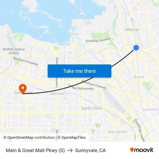 Main & Great Mall Pkwy (S) to Sunnyvale, CA map