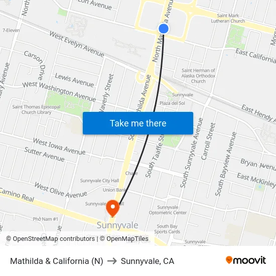 Mathilda & California (N) to Sunnyvale, CA map