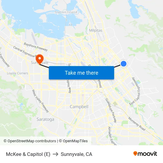 McKee & Capitol (E) to Sunnyvale, CA map