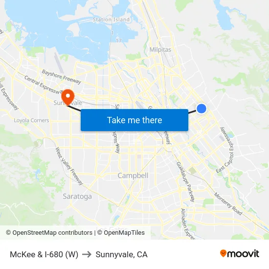 McKee & I-680 (W) to Sunnyvale, CA map