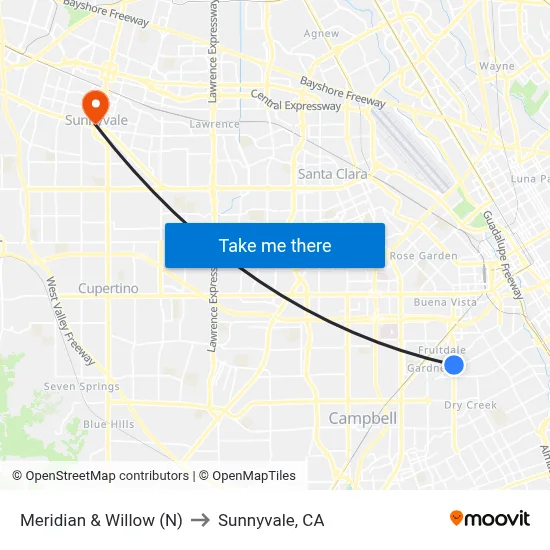 Meridian & Willow (N) to Sunnyvale, CA map