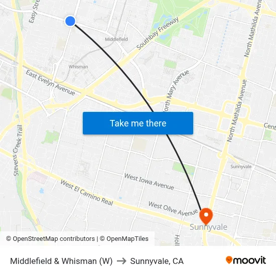 Middlefield & Whisman (W) to Sunnyvale, CA map