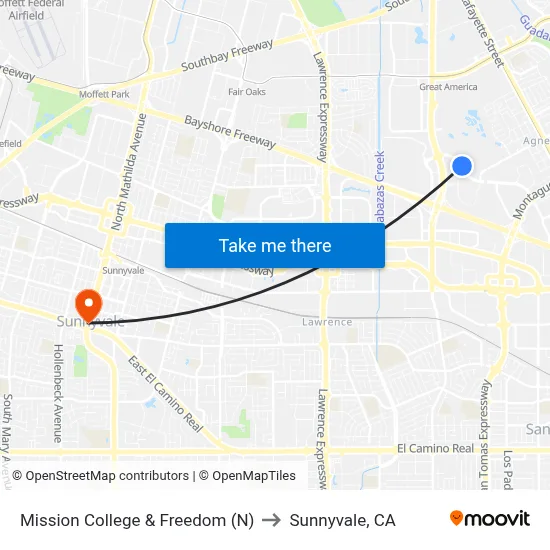 Mission College & Freedom (N) to Sunnyvale, CA map