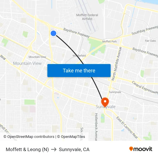 Moffett & Leong (N) to Sunnyvale, CA map
