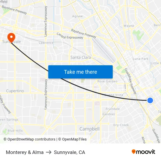 Monterey & Alma to Sunnyvale, CA map