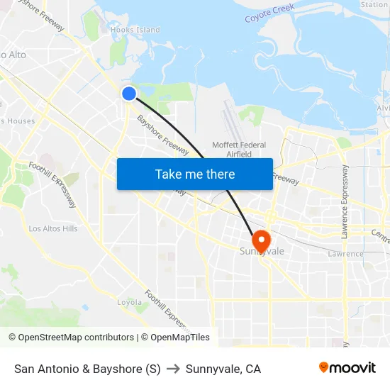 San Antonio & Bayshore (S) to Sunnyvale, CA map