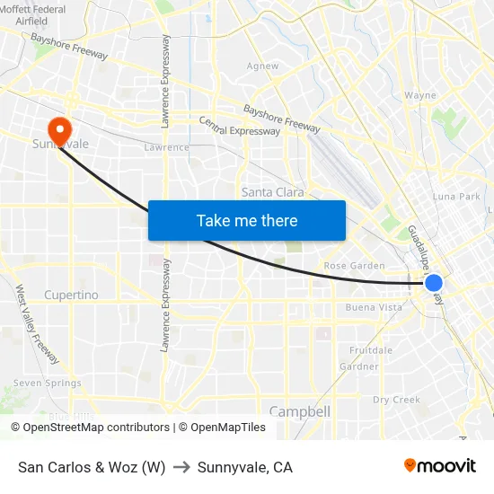 San Carlos & Woz (W) to Sunnyvale, CA map