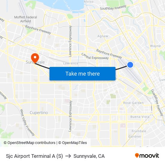 Sjc Airport Terminal A (S) to Sunnyvale, CA map