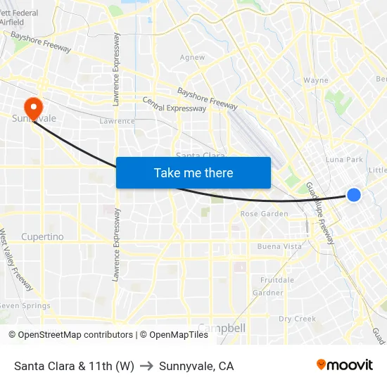 Santa Clara & 11th (W) to Sunnyvale, CA map