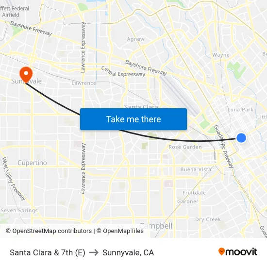 Santa Clara & 7th (E) to Sunnyvale, CA map