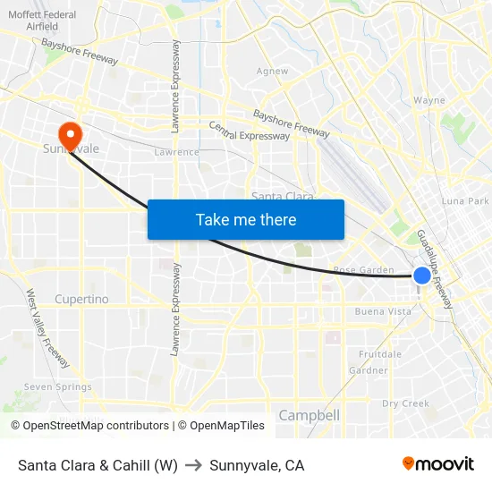 Santa Clara & Cahill (W) to Sunnyvale, CA map