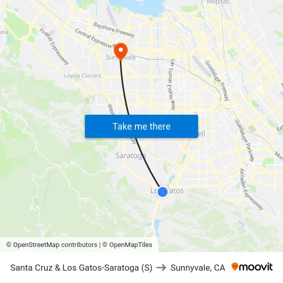 Santa Cruz & Los Gatos-Saratoga (S) to Sunnyvale, CA map