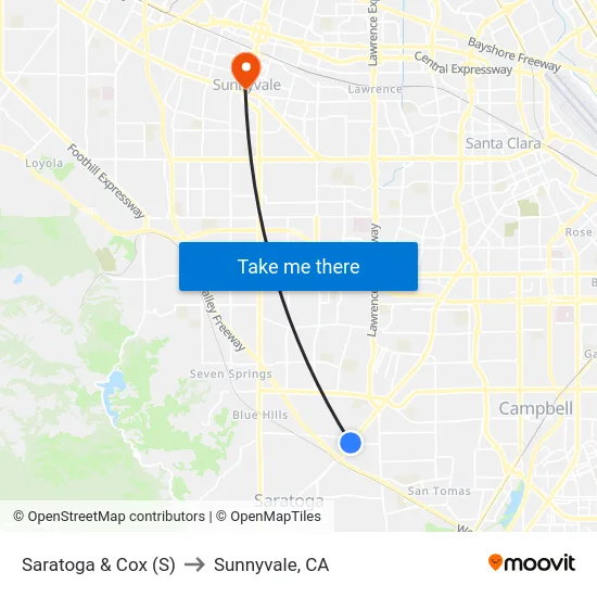 Saratoga & Cox (S) to Sunnyvale, CA map