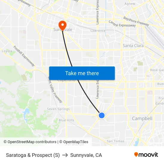Saratoga & Prospect (S) to Sunnyvale, CA map