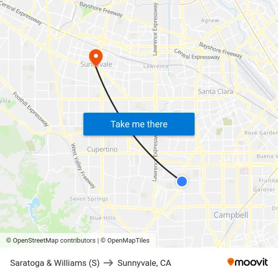 Saratoga & Williams (S) to Sunnyvale, CA map