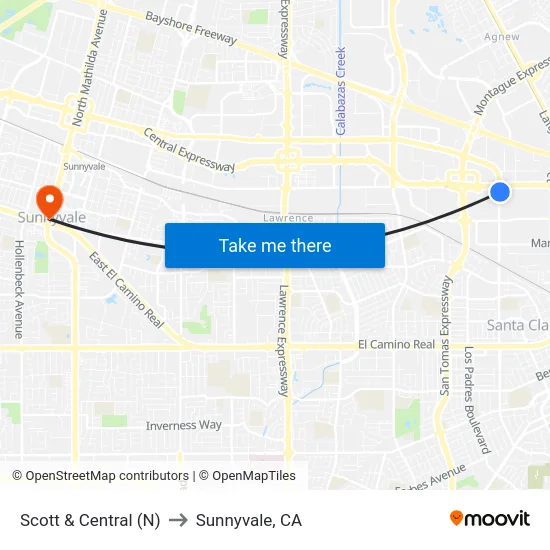 Scott & Central (N) to Sunnyvale, CA map