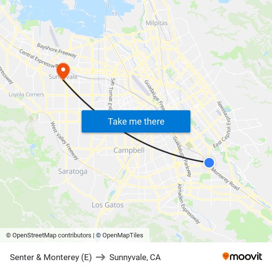 Senter & Monterey (E) to Sunnyvale, CA map