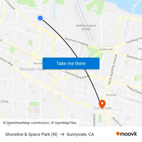 Shoreline & Space Park (N) to Sunnyvale, CA map