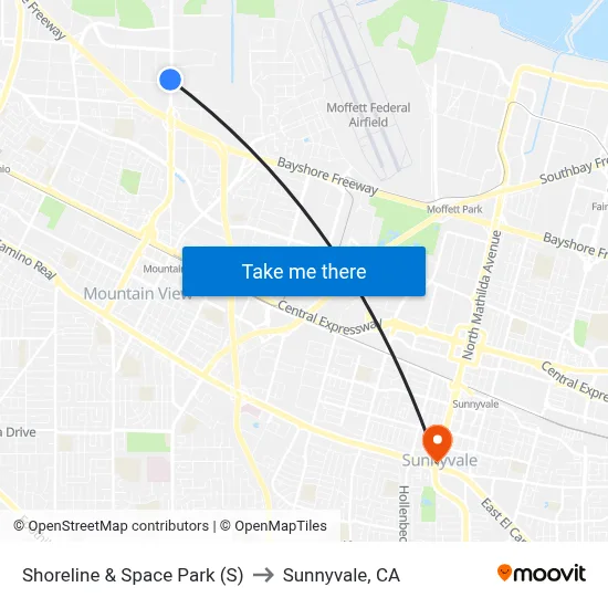 Shoreline & Space Park (S) to Sunnyvale, CA map
