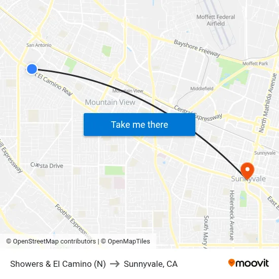 Showers & El Camino (N) to Sunnyvale, CA map