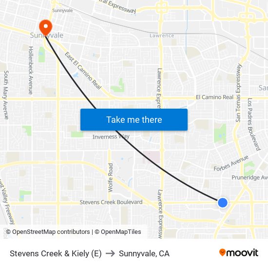 Stevens Creek & Kiely (E) to Sunnyvale, CA map