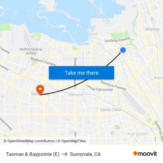 Tasman & Baypointe (E) to Sunnyvale, CA map