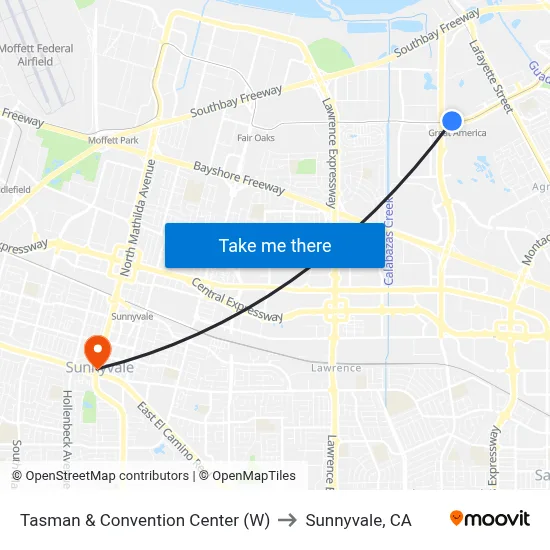 Tasman & Convention Center (W) to Sunnyvale, CA map