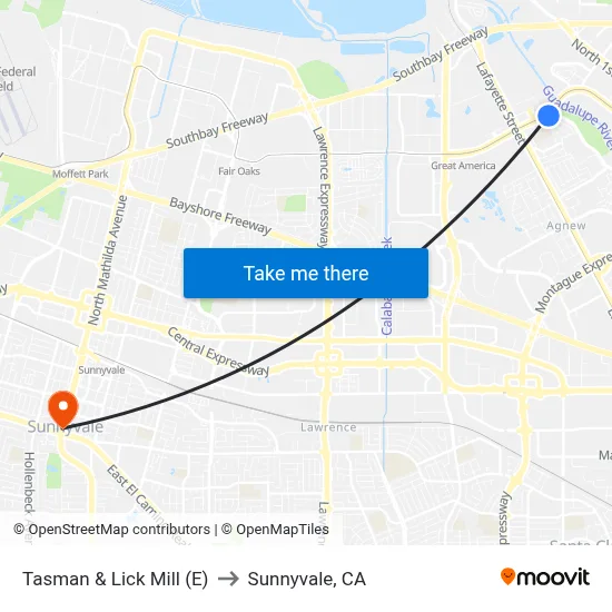 Tasman & Lick Mill (E) to Sunnyvale, CA map