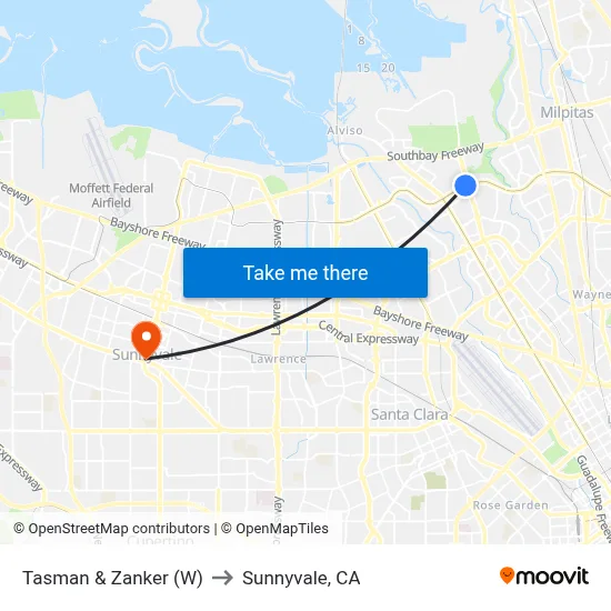 Tasman & Zanker (W) to Sunnyvale, CA map