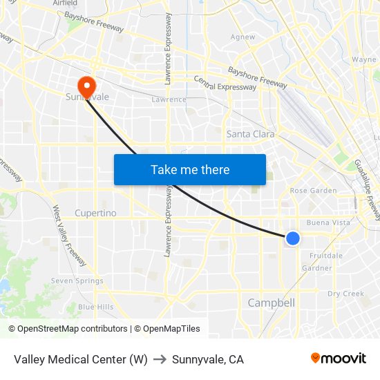 Valley Medical Center (W) to Sunnyvale, CA map