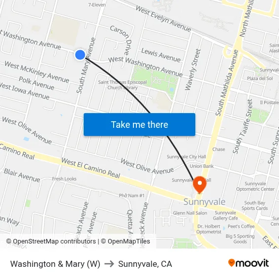 Washington & Mary (W) to Sunnyvale, CA map