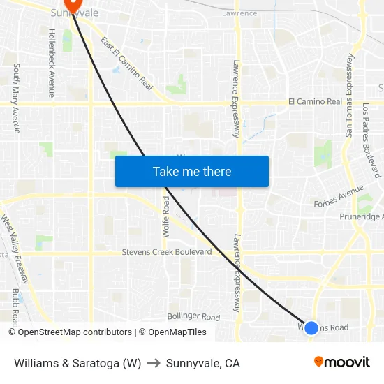 Williams & Saratoga (W) to Sunnyvale, CA map
